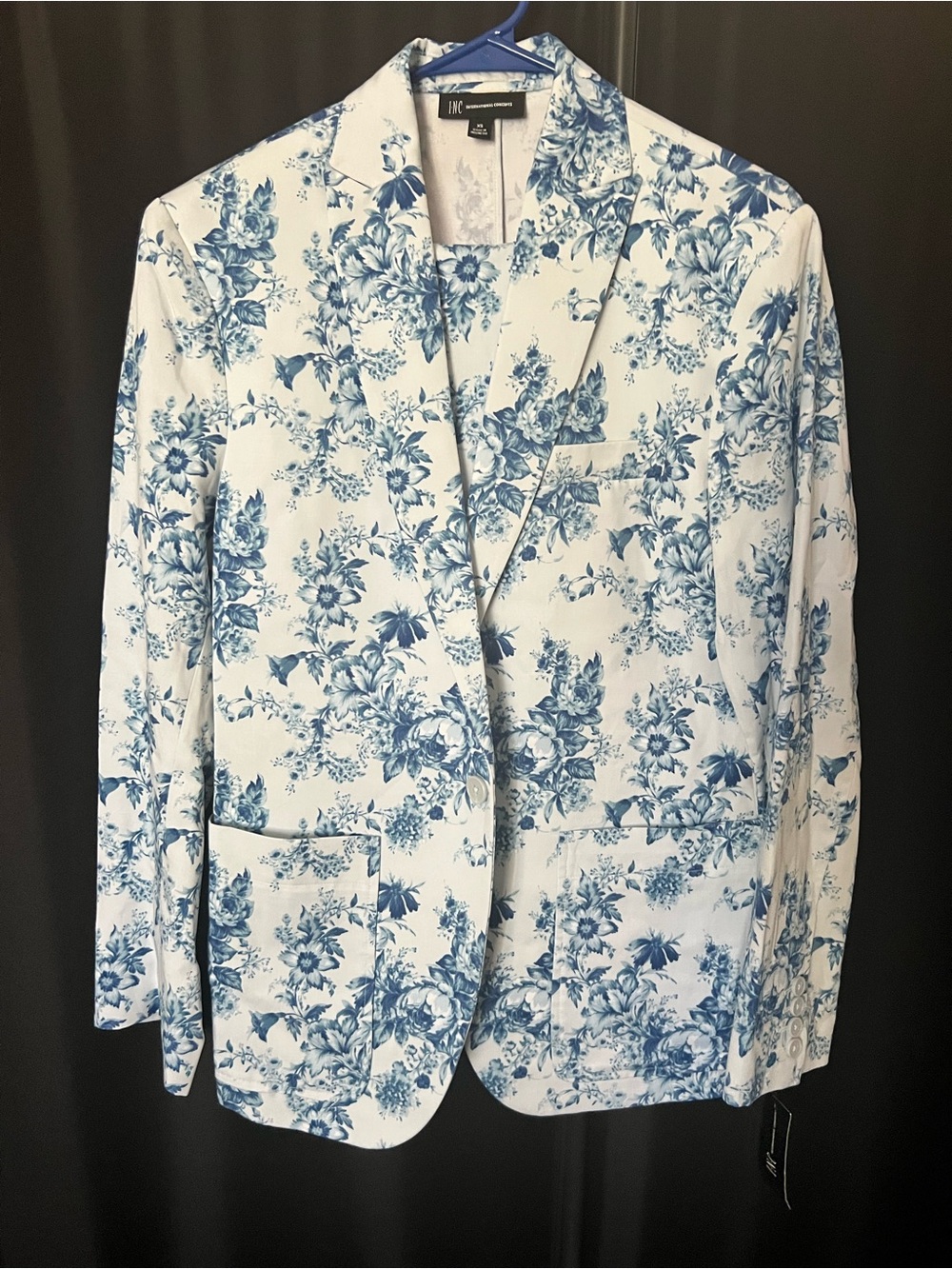 INC International Concepts White Blazer with Blue Floral Pattern